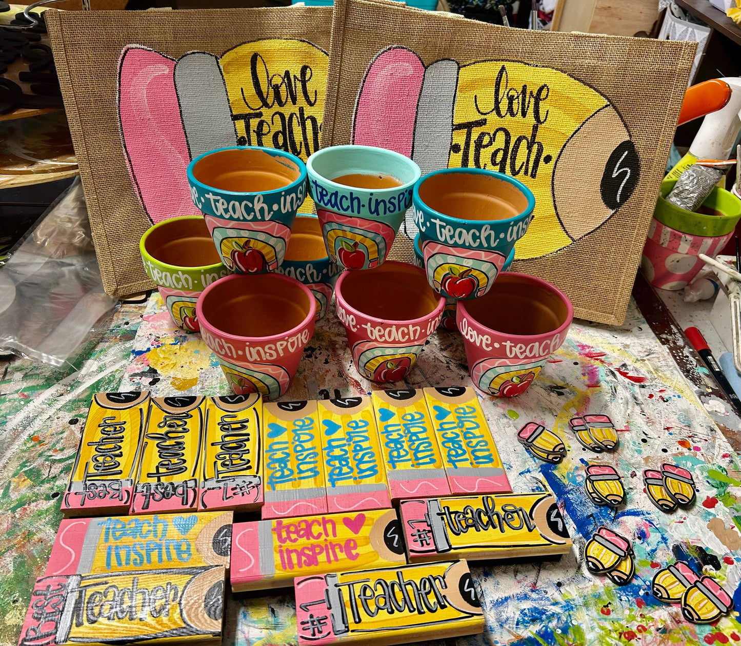 Teacher Dry Eraser set with marker, painted like a pencil or sheet of paper. Can be personalized.