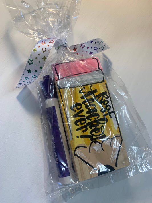 Teacher Dry Eraser set with marker, painted like a pencil or sheet of paper.  Can be personalized.