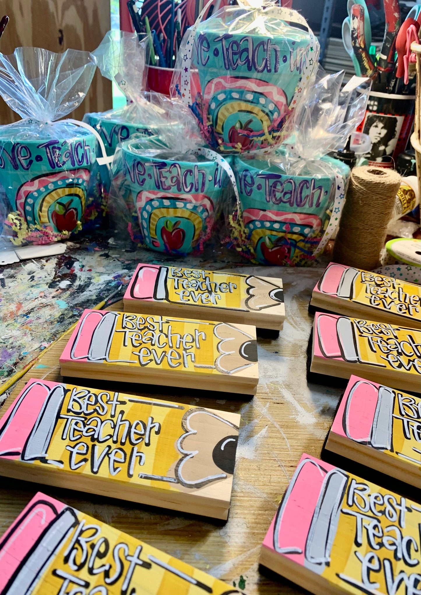 Teacher Dry Eraser set with marker, painted like a pencil or sheet of paper.  Can be personalized.