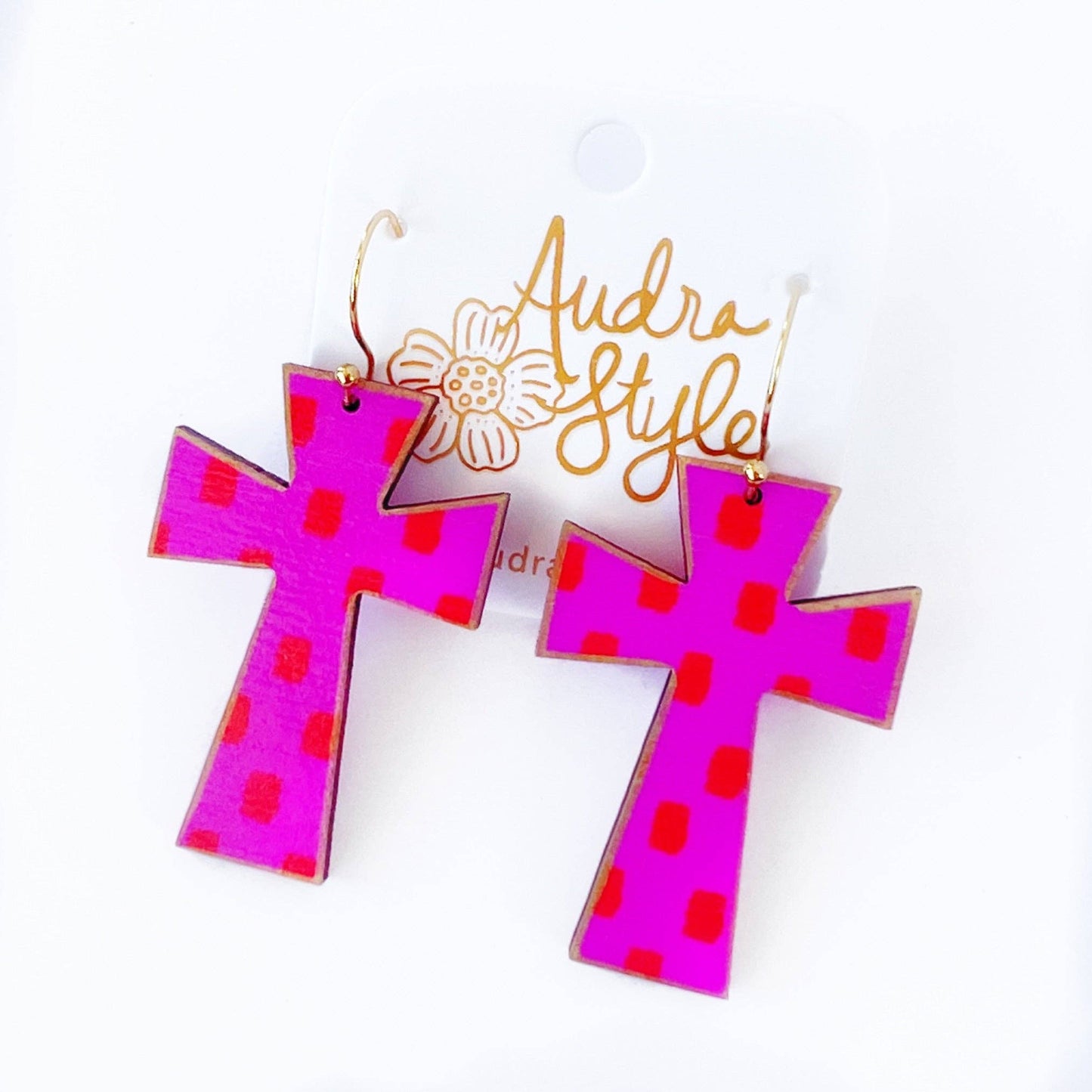 Cross Dangle Earring- Pink Red Dot-Religious