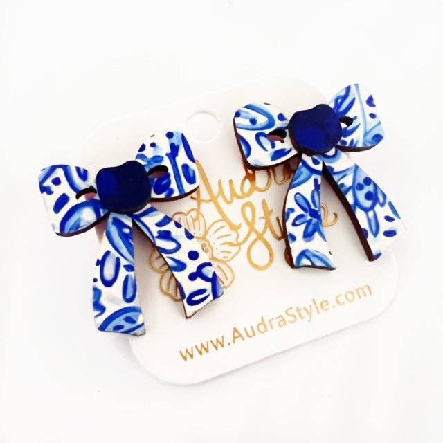 Blue and White Bow Stud Chinoiserie Statement Earring