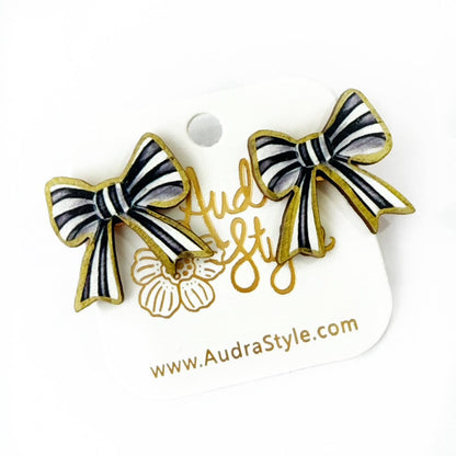Black and White Stripe Bow Stud Earrings