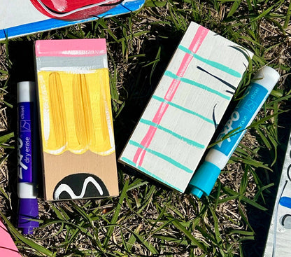 Teacher Dry Eraser set with marker, painted like a pencil or sheet of paper.  Can be personalized.