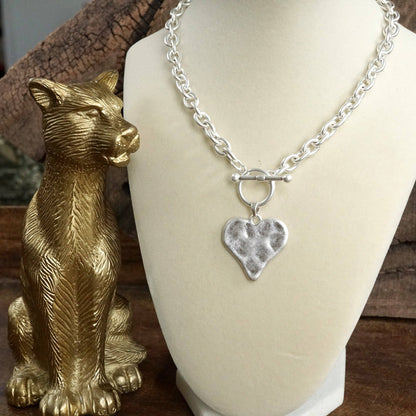 Boho Hammered Heart Front Toggle Necklace – Rustic Gold or Silver